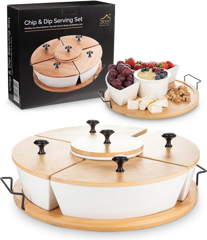 DEVA Home Design Chip and Dip Serving Set | Rotating Bamboo Lazy Susan Appetizer Tray with Black Handles | White Ceramic Bowls with Bamboo Lids | Divided Round Party Platter | Giftable - Image 1